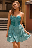 Peacock Green A-Line Corset Tiered Strapless Short Prom Dress