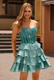 Peacock Green A-Line Corset Tiered Strapless Short Prom Dress