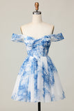 Off the Shoulder White Blue Flower A Line Short Prom Dress