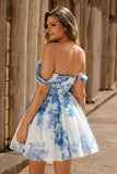 Off the Shoulder White Blue Flower A Line Short Prom Dress