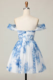 Off the Shoulder White Blue Flower A Line Short Prom Dress
