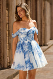 Off the Shoulder White Blue Flower A Line Short Prom Dress