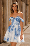 Off the Shoulder White Blue Flower A Line Short Prom Dress