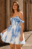 Off the Shoulder White Blue Flower A Line Short Prom Dress