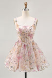 Sparkly A-line Square Neck Sequins Floral Short Prom Dress