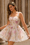 Sparkly A-line Square Neck Sequins Floral Short Prom Dress