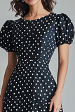 Black A Line Midi White Polka Dots Dress with Puff Sleeves
