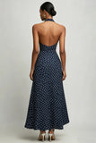 Navy Halter A Line White Polka Dots Dress With Slit