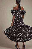 Black Off The Shoulder White Polka Dots Dress With Slit