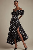 Black Off The Shoulder White Polka Dots Dress With Slit