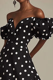 Black Off The Shoulder White Polka Dots Dress With Slit
