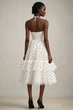 White A Line Halter Tiered Midi Black Polka Dots Dress