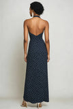 Navy Sheath Halter Long White Polka Dots Dress