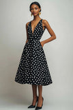 Black A Line V Neck Midi Polka Dots Dress