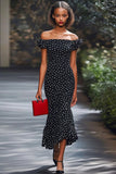 Off The Shoulder Mermaid White Polka Dots Dress
