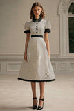 A Line White Black Polka Dot Dress with Puff Sleeves