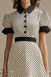 A Line White Black Polka Dot Dress with Puff Sleeves