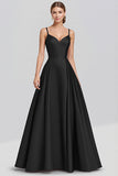 A-Line Spaghetti Straps Ruched Long Black Formal Dress