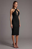 Burgundy Sheath Criss Cross Neck Cut Out Midi Formal Dress