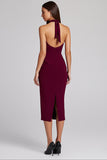Burgundy Sheath Halter Midi Formal Dress with Slit