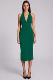 Burgundy Sheath Halter Midi Formal Dress with Slit