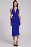 Burgundy Sheath Halter Midi Formal Dress with Slit