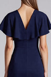 Sheath Short Sleeve Navy Midi Formal Dress