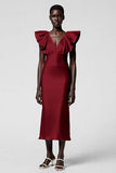 Taro Purple V Neck Sheath Ruffled Midi Formal Dress