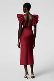 Taro Purple V Neck Sheath Ruffled Midi Formal Dress