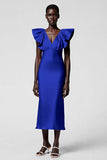 Taro Purple V Neck Sheath Ruffled Midi Formal Dress