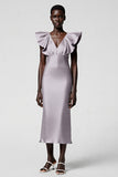 Taro Purple V Neck Sheath Ruffled Midi Formal Dress