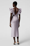 Taro Purple V Neck Sheath Ruffled Midi Formal Dress