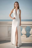 Ivory Sheath V-Neck Wedding Dress with Slit