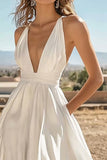 Ivory Satin A Line Long Engagement Dress With Slit