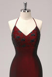 Mermaid Black Red Halter Appliqued Long Formal Dress