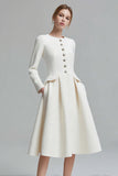 Ivory A-Line Round Neck Tweed Long Sleeve Work Dress