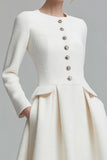 Ivory A-Line Round Neck Tweed Long Sleeve Work Dress