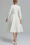 Ivory A-Line Round Neck Tweed Long Sleeve Work Dress
