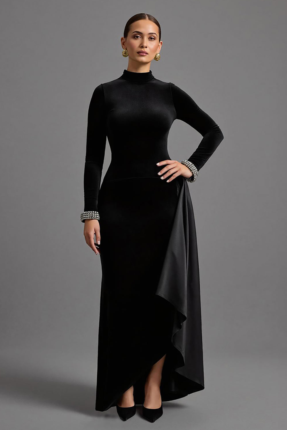 WEDTREND Women Black Velvet Holiday Party Dress Ruffled Sheath Beaded Long Sleeve High-Low Formal Dress Wedtrend UK WEDTREND Women Black Velvet Holiday Party Dress Ruffled Sheath Beaded Long Sleeve High-Low Formal Dress Wedtrend UK