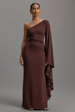 Ruffled Coffee One Shoulder Long Sleeves Formal Dress