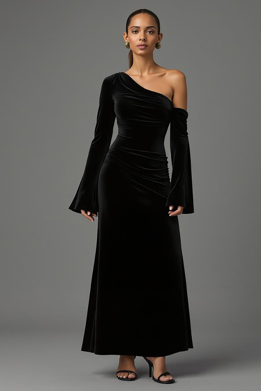 Velvet Black One Shoulder Flare Sleeves Long Formal Dress Velvet Black One Shoulder Flare Sleeves Long Formal Dress