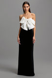 Strapless Black and White Patchwork Long Formal Dress with Bow