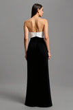Strapless Black and White Patchwork Long Formal Dress with Bow