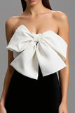 Strapless Black and White Patchwork Long Formal Dress with Bow
