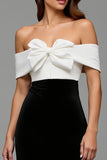 Off the Shoulder Black and White Patchwork Long Formal Dress with Bow