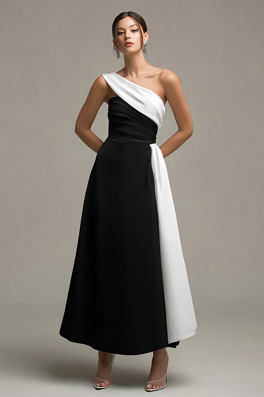 WEDTREND Women Black and White Formal Dress One Shoulder A Line Long Evening Dress Wedtrend UK WEDTREND Women Black and White Formal Dress One Shoulder A Line Long Evening Dress Wedtrend UK