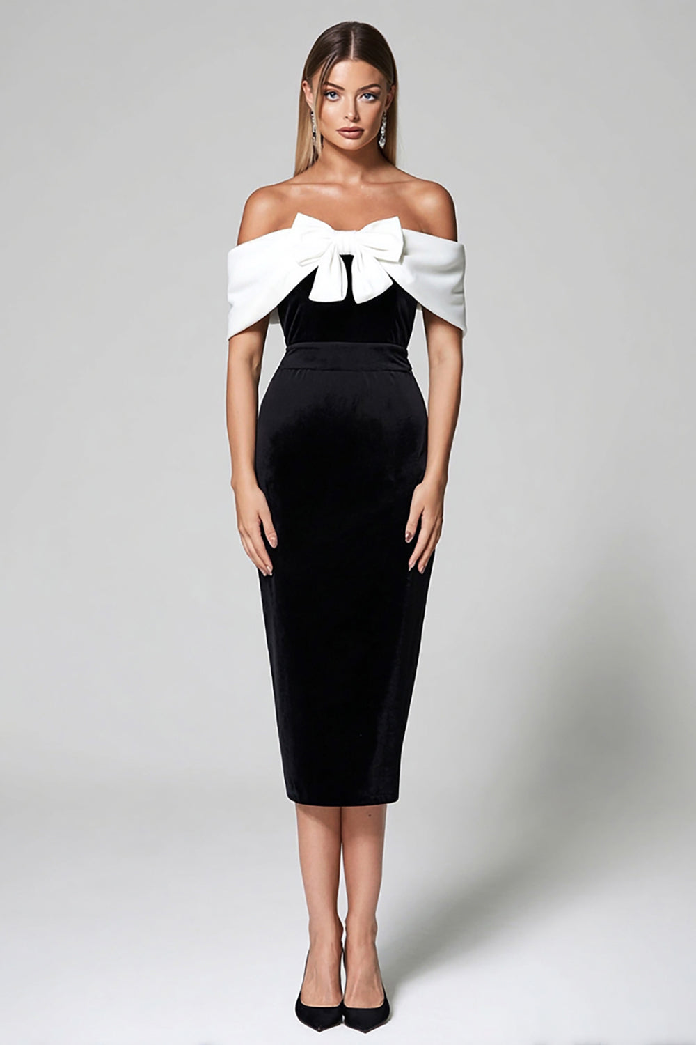 WEDTREND Women Off the Shoulder Formal Dress Velvet Black White Sheath Black Tie Dress with Bowknot Wedtrend UK WEDTREND Women Off the Shoulder Formal Dress Velvet Black White Sheath Black Tie Dress with Bowknot Wedtrend UK