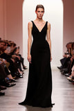 V-Neck Velvet Black A-Line Backless Long Evening Dress
