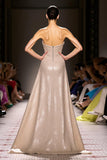 Strapless Champagne A-Line Sequin Corset Evening Dress with Cape