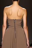 Coffee A-Line V-Neck Satin Evening Dress with Slit